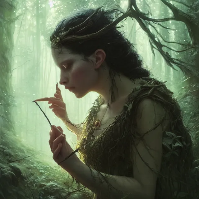 Prompt: close up portrait of a beautiful female witch casting a spell, magical forest background fantasy atmosphere. art by greg rutkowski. highly detailed, intricate, lifelike. sci - fi, fantasy, magical, nikon d 8 5 0.