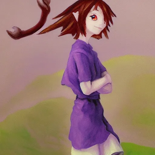 Image similar to little elf tomboy, purple tunic, soft hair. light color palate, detailed soft painting, made in abyss art style, anatomically correct, inspired in balthus