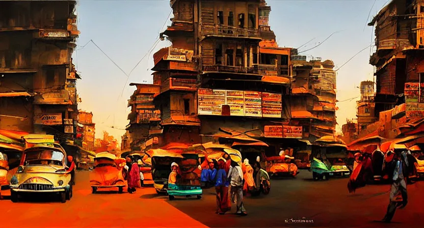 Image similar to calcutta streets, artwork by salman toor, cinematic light, atmospheric effects