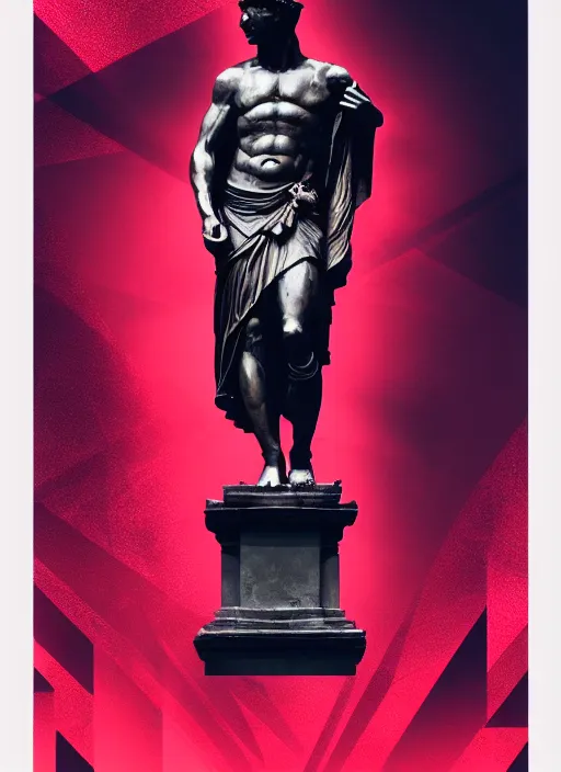 Image similar to black background with subtle red and purple design elements, statue of julius caesar, nekro, poster art, thin lines, dark, glitch art, neo vaporwave, gritty, layout frame, trending on artstation