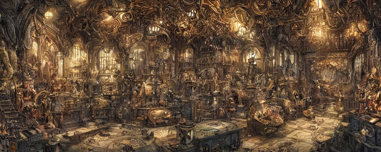 Prompt: interior view of a massive fantasy item storehouse that contains thousands of mysterious magical mystical items, intricate, elegant, highly detailed, smooth, sharp focus, detailed face, high contrast, dramatic lighting, graphic novel, art by pepe larraz,