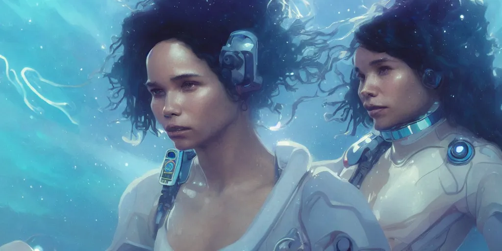 Image similar to Zoe Kravitz as astronaut, underwater in the ocean at night, atmospheric, volumetric lighting, glowing lights, 4k, octane, digital painting, artstation, concept art, sharp focus, illustration, art by artgerm and greg rutkowski and alphonse mucha