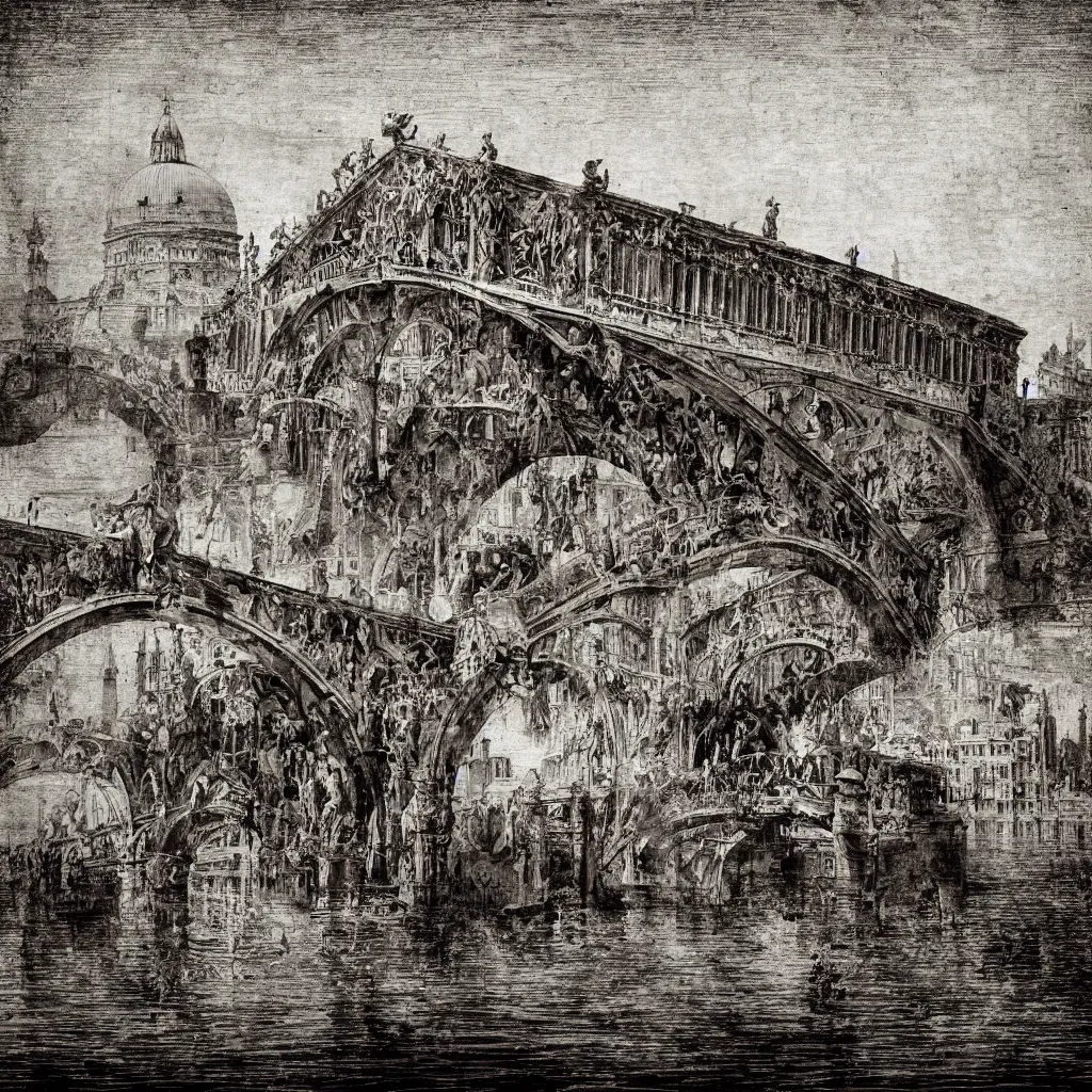 Image similar to oniric dream of the bridges of venice by piranesi, historic, ancient venice, composition, cinematic, rule, grid