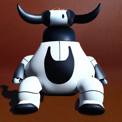 Image similar to a mechanical cow with big head and horns, minimalist style, metal, 3D art, in style of Baymax, smooth