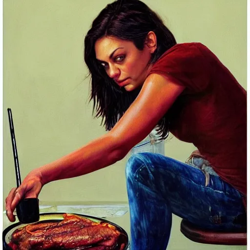 Prompt: Mila Kunis consumes bbq ribs on a sofa in a dark kitchen lit by a single bulb, painted by rick berry and norman rockwell and zdzislaw beksinski, highly detailed