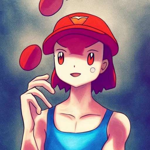 Image similar to artwork of misty from pokemon, face, eyes, skin, hair, shoulders, tank top, intricate, beautiful, serene, majestic, detailed, ultra, mega, super, visable sound waves, trending on pinterest, vsco, instagram