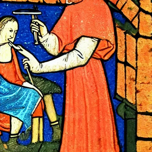 Prompt: photograph of a medieval painting of tom scott choking on a vape