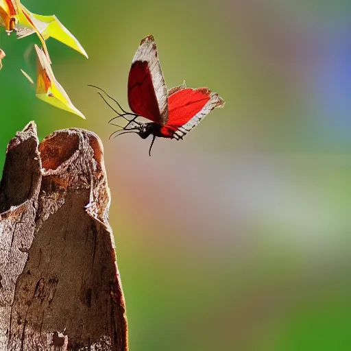 Prompt: a beautiful butterfly sitting next to a male Cardinal next to a moth butterfly moth, a beautiful moth, sitting on a tree branch with blue sky and river in background, bokeh focus, don't forget the moth