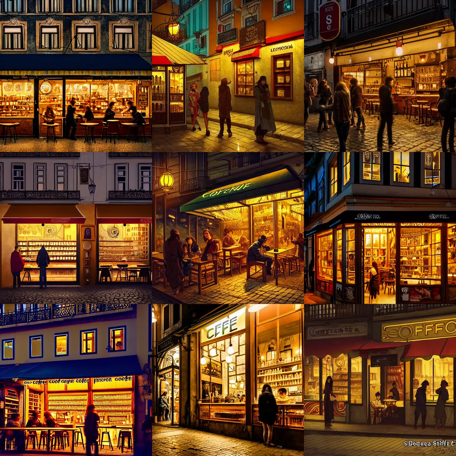 Prompt: a coffee shop store in The City of Lisbon at night with a few customers and a sign that says in english coffee, high resolution fantasy concept art, intricate details, sharp lighting, Dramatic light by denis villeneuve, strong emphasis on alphonse mucha, Makoto Shinkai