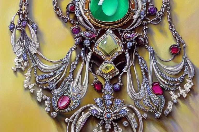 Image similar to highly detailed oil painting, front view, very realistic gemstones, art nouveau, ornate, delicate, brilliant precious gemstones necklace, necklace on display, dramatic light,