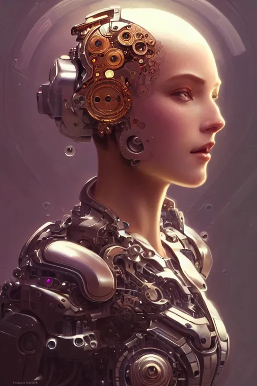 Image similar to beautiful female mechanical android!, half portrait, intricate detailed environment, photorealistic!, intricate, elegant, highly detailed, digital painting, artstation, concept art, smooth, sharp focus, illustration, art by artgerm and greg rutkowski and alphonse mucha