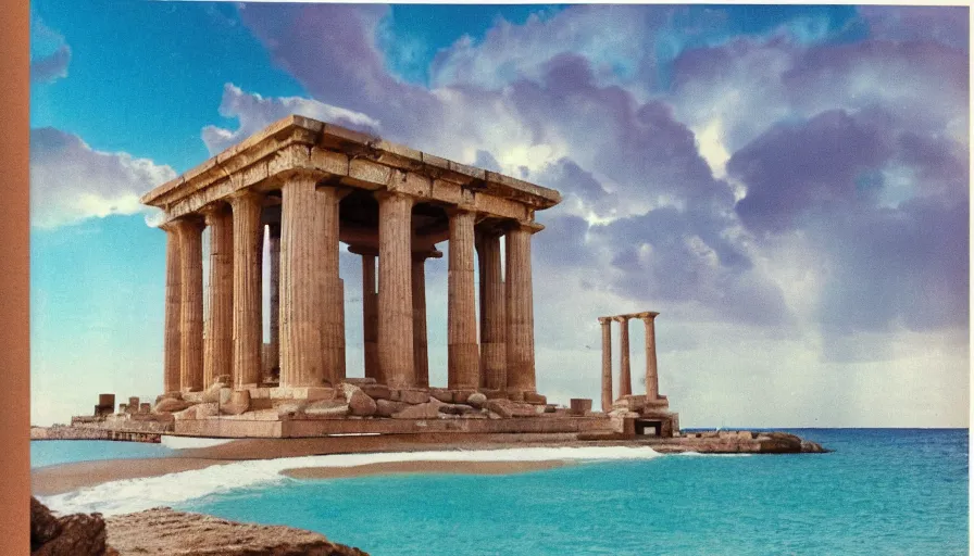 Image similar to A 1985 vintage magazine architecture photo of a beach doric temple, mediterranean architecture, refracted lines and sparkles, thunderstorm outside, beach on the background major arcana sky and occult symbols, hyperrealistic, award-winning, 1985