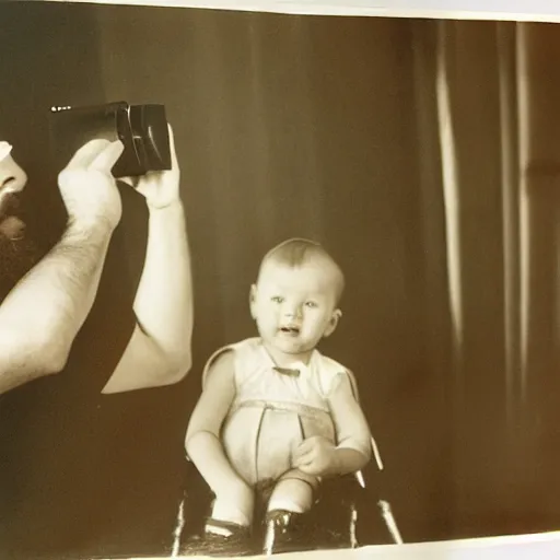 Image similar to painting of beard grandpa taking a photo to a baby girl, by lazlo moholy nagy moholy