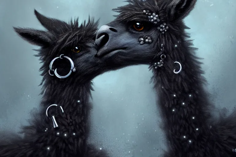 Image similar to highly detailed animal portrait of a goth alpaca with piercings, black eyeshadow, piercings!, earrings!, digital art made by makoto shinkai, lois van baarle, greg rutkowski and jakub rebelka, highly detailed, symmetrical, extremely coherent, smooth, shaped focus, dystopian gray forest background, skull