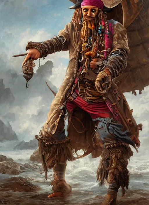 Prompt: realistic full body concept art illustration oil painting of a pirate in insanely detailed and intricately colored clothing, octane render, sss, postprocessing, 4k, cinematic lighting, unreal engine