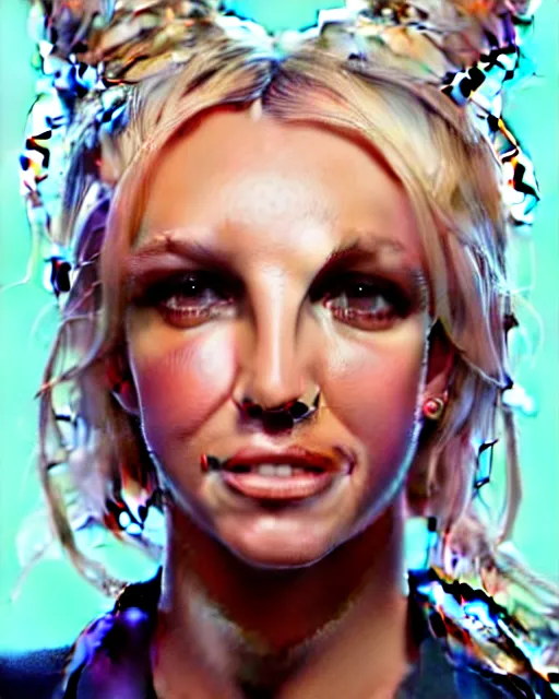 Image similar to highly detailed portrait of britney spears, stephen bliss, unreal engine, greg rutkowski, loish, rhads, beeple, makoto shinkai and lois van baarle, ilya kuvshinov, rossdraws, tom bagshaw, alphonse mucha, global illumination, god rays, detailed and intricate environment