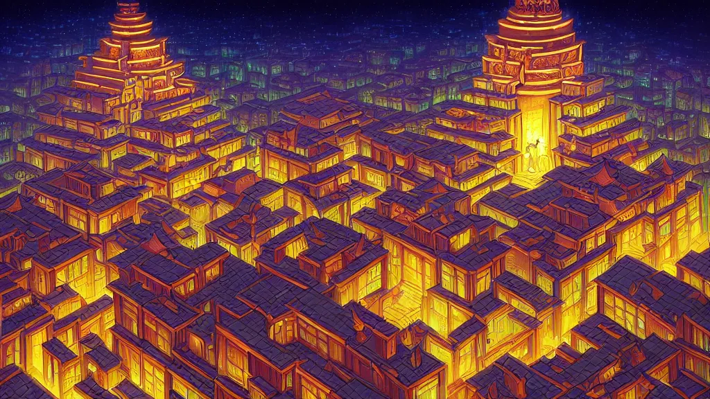 Image similar to street view of gigantic temple city at night by cyril rolando and naomi okubo and dan mumford and ricardo bofill