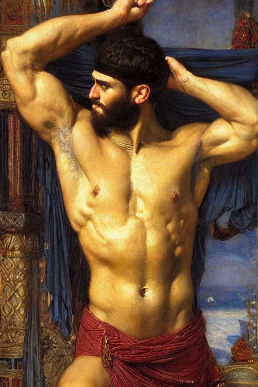 Image similar to muscular greek king, orientalist intricate portrait by john william waterhouse and edwin longsden long and theodore ralli and nasreddine dinet, hyper realism, dramatic lighting