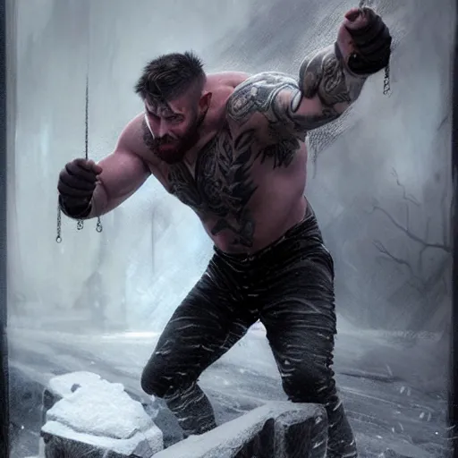 Image similar to tattooed gym bro mage in an ice storm magic spell vfx, diagonal spell vfx, fantasy game spell, fantasy epic digital art, by greg rutkowski, gaston bussiere, craig mullins, j. c. leyendecker, tom of finland