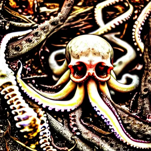 Prompt: an octopus hiding inside a decaying human skeleton, detailed nature photograph