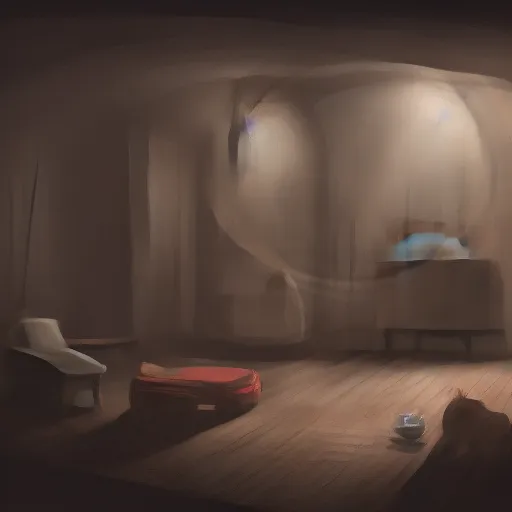 Image similar to wide shot of a completely dark family room in a house, at the bottom of a baseboard dim light emanates from a mouse hole, 8K, 4K, digital art, concept art, art station, solace, tranquil, dusty.