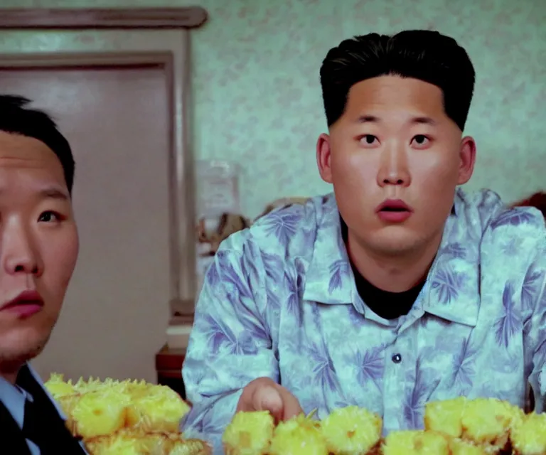 Image similar to hyperralism pineapple express movie still photography of real detailed north korean kim chen with detailed face smoking high detailed weed and reviewing weed bush in detailed basement bedroom ultra violet light