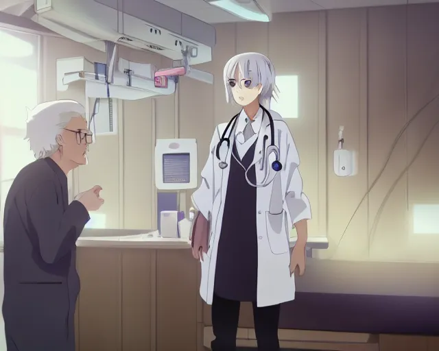 Image similar to a cute and beautiful young female doctor wearing white coat are talking with an old professor in a hospital, slice of life anime, lighting, anime scenery by Makoto shinkai