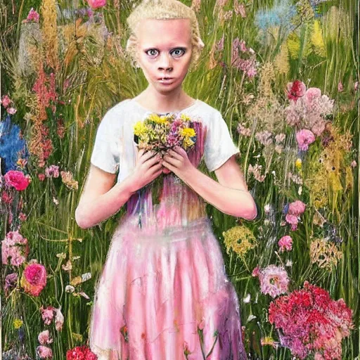 Image similar to beige by eleanor vere boyle, by bordalo ii bold, straight. a computer art of a young girl with blonde hair, blue eyes, & a pink dress. she is standing in a meadow with flowers & trees.