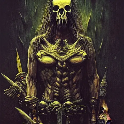 Prompt: barbarian loaded with weapons and animal skulls by beksinski and tristan eaton, black and yellow, dark neon trimmed beautiful dystopian digital art