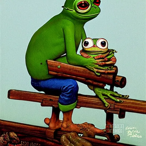 Image similar to pepe the frog home from vacation by norman rockwell