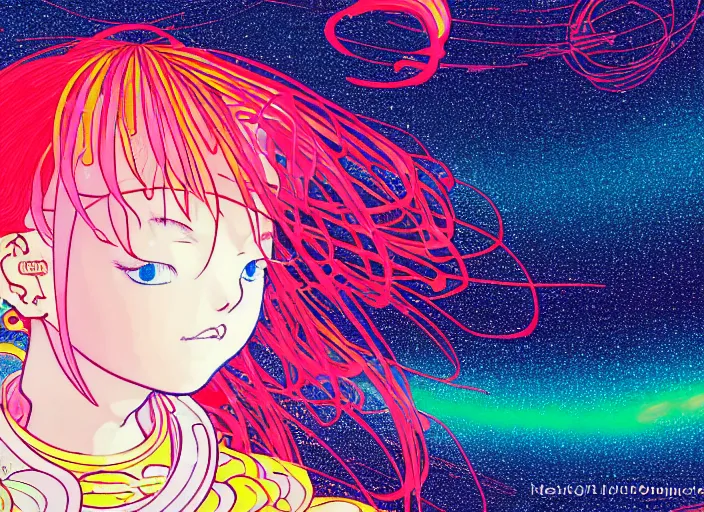 Image similar to portrait of a young girl dancing in space,Hiroyuki Imaishi,Studio Trigger,jean giraud,gustav klimt, kawaii, manga, bright colors,beautiful, 28mm lens,gradation, jean giraud, moebius, fantasy, rule of thirds fibonacci, intricate, matte print, smooth, Ilya Kuvshinov, Kyoto Animation, Murata Range