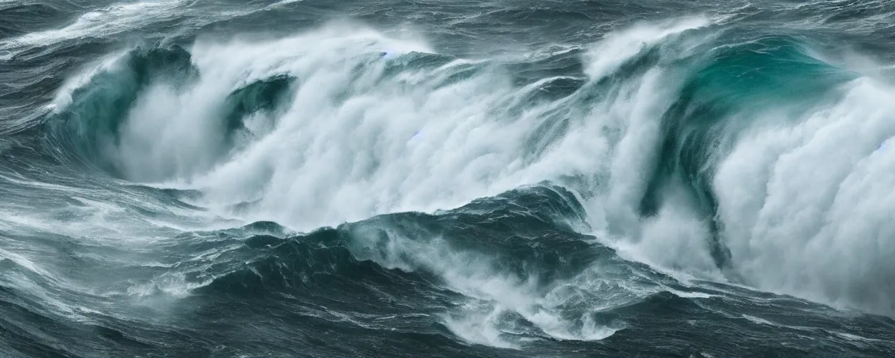 Prompt: 4 0 0 meter monster wave about to crash, green waters, storm, dramatic ligthting, atmospheric, mega tsunami