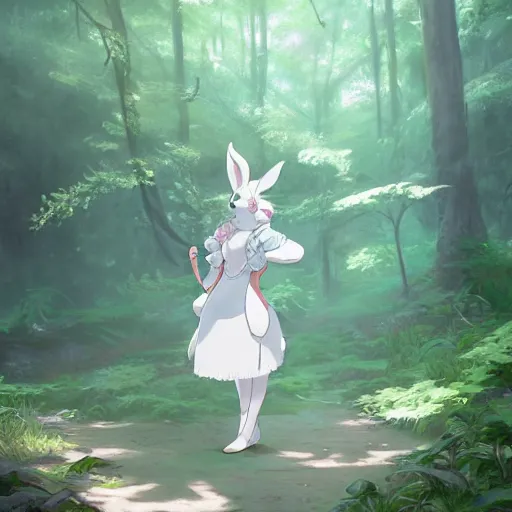 Image similar to concept art painting of an anthropomorphic white rabbit wearing a turquoise dress, in the deep forest, realistic, detailed, cel shaded, in the style of makoto shinkai and greg rutkowski and james gurney