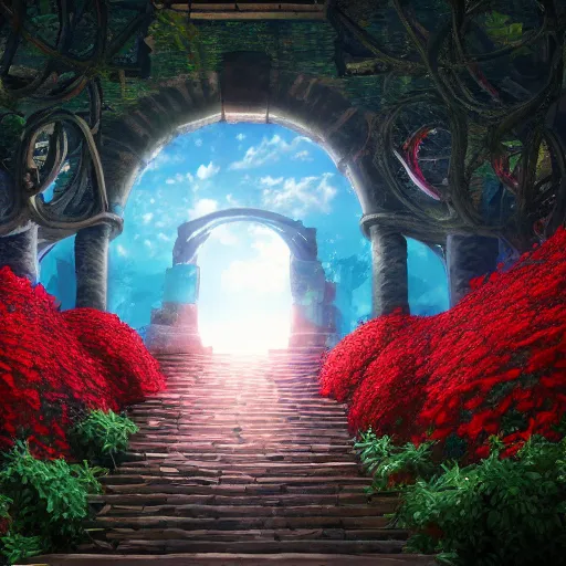 Prompt: Broken arches leading to the pillars of eternity draped with red flowers and vines, blue sky, lens flare, a sense of mystery, cinematic, ultra detailed, tarot card, artstation, 8K,-W 768