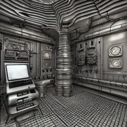 Prompt: a 3d render of a hr giger scifi room, in style of hr giger, artstation, unreal engine