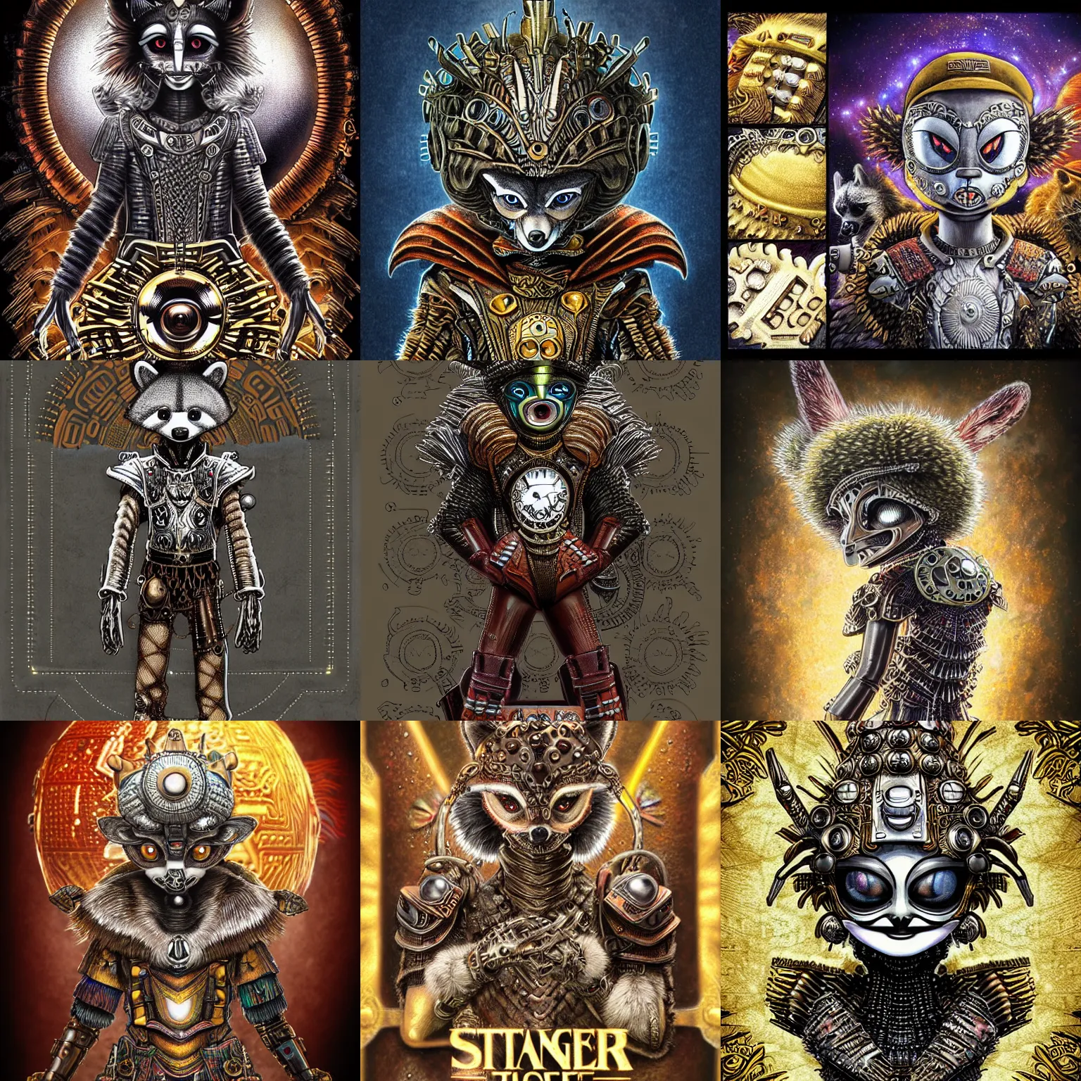 Prompt: a very detailed digital art of a fashionable aztec racoon extraterrestrial wearing ornate dieselpunk clockwork armor by yoshitaka amano and kentaro miura, stranger things, mac and cheese, eraserhead, 8 k