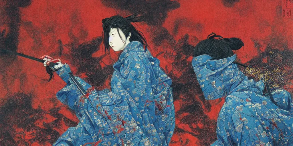 Prompt: Japanese schoolgirl runs away from Samurai with a katana on the subway, high detailed Beksinski painting, part by Adrian Ghenie and Gerhard Richter. art by Takato Yamamoto. deep colours, blue