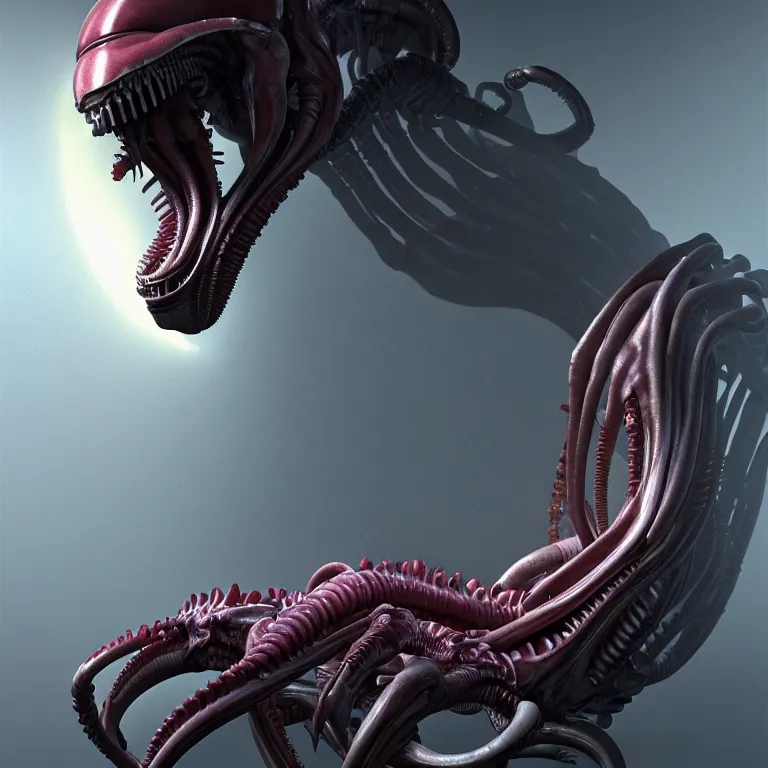 Image similar to still life of xenomorph, wide shot, soft glow bloom lucid dream - like ethereal atmosphere, baroque portrait painting, perfect composition, beautiful intricate detailed octane render trending on artstation, 8 k artistic photography, volumetric cinematic perfect light, chiaroscuro, masterpiece, raphael, caravaggio, rutkowski, beeple, beksinski