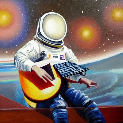 Prompt: a detailed oil painting of an astronaut playing keyboard