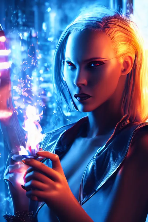 Image similar to gorgeous blonde woman with fire in her hand, cyberpunk, realistic, high definition, many details, shiny colorful, symmetrical face, realistic eyes, art of unreal engine 5