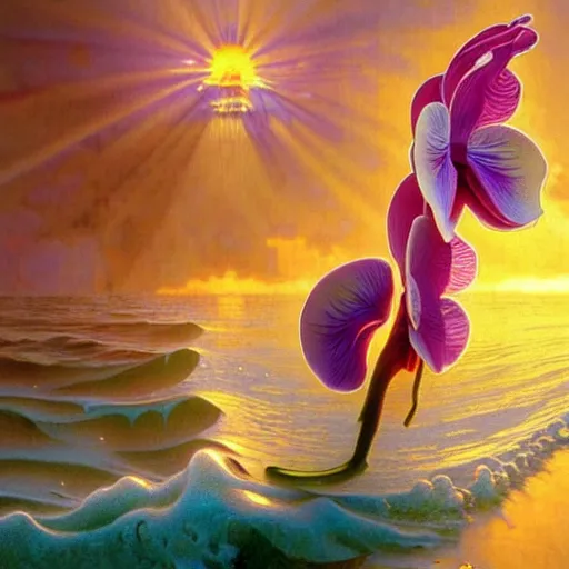 Image similar to detailed giant orchid flower surrounded by ocean wave, lsd water, ripples, transparent droplets, backlit, sunset, refracted lighting, art by collier, albert aublet, krenz cushart, artem demura, alphonse mucha