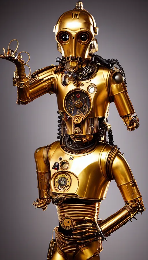 Image similar to steampunk version of c 3 po, promotional photo, studio lighting