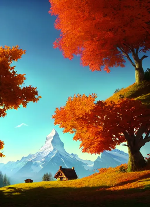Image similar to a wholesome animation key shot, castle in the middle, swiss alps ( matterhorn ) in the background, autumn foliage in the foreground, studio ghibli, pixar and disney animation, sharp, rendered in unreal engine 5, anime key art by greg rutkowski, bloom, dramatic lighting
