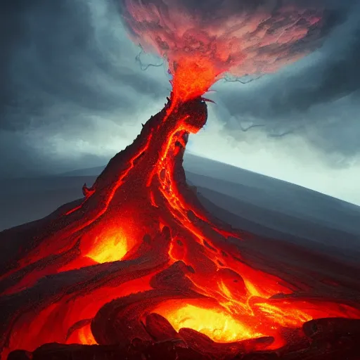 Prompt: Huge lava demon forming at a top of a volcano, Illustration, highly detailed, artstation, by greg rutkowski