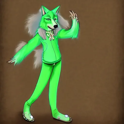 Image similar to Beautiful digital painting of an anthro anthropomorphic pastel-green wolf, Punk outfit.