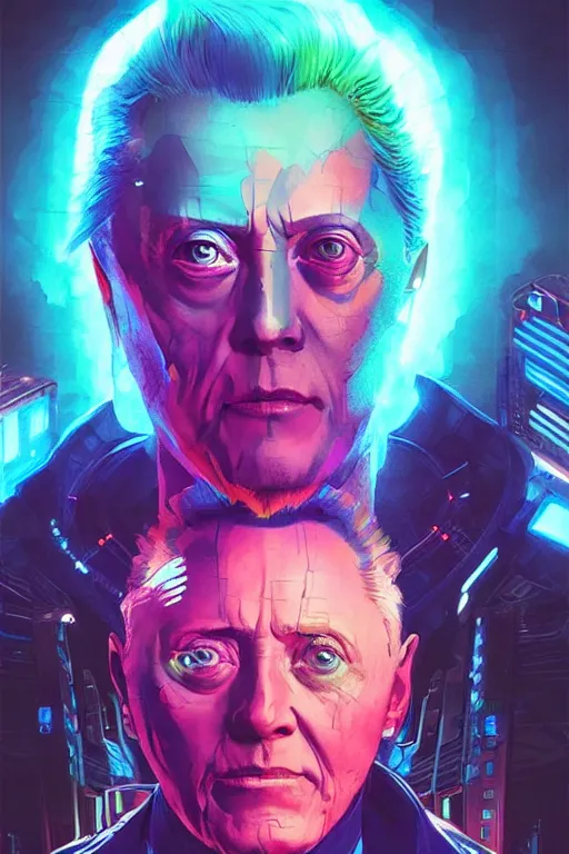 Prompt: a cyberpunk christopher walken with blue hair, neon colors, hyper detailed, digital art, cinematic lighting, concept art by artgerm and greg rutkowski and caravaggio and moebius and jakub rebelka