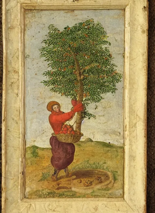 Image similar to a 1 6 th century oil painting of a medieval peasant picking fruit from a tree, holding a basket. high quality scan