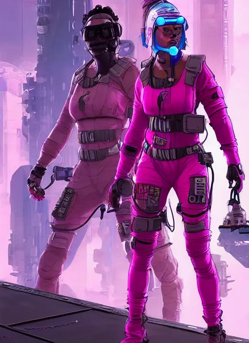 Image similar to apex legends cyberpunk athlete in pink jumpsuit. concept art by james gurney and mœbius. cinematic, hyper realism, realistic proportions, dramatic lighting, high detail 4 k