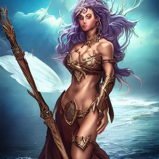 Image similar to fantasy woman with armor emerging from the sea holding a staff made with mother-of-pearl, by Artgerm