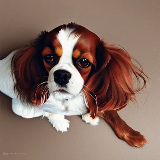 Image similar to a cavalier king charles spaniel who is really bored, tired, lying on the floor, art by artgerm